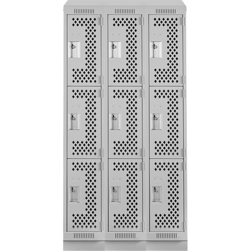 Clean Line Lockers, 3 -tier, Bank of 3, 36" x 18" x 82", Steel, Grey, Rivet (Assembled), Perforated Cam Industrial
