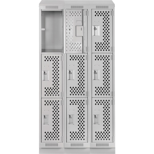 Clean Line Lockers, 3 -tier, Bank of 3, 36" x 18" x 82", Steel, Grey, Rivet (Assembled), Perforated Cam Industrial