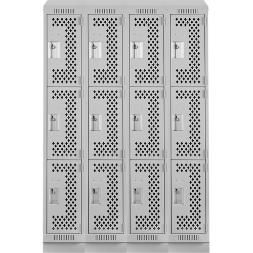 Clean Line Lockers, 3 -tier, Bank of 4, 48" x 18" x 82", Steel, Grey, Rivet (Assembled), Perforated Cam Industrial