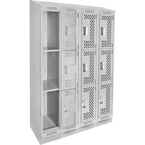 Clean Line Lockers, 3 -tier, Bank of 4, 48" x 18" x 82", Steel, Grey, Rivet (Assembled), Perforated Cam Industrial