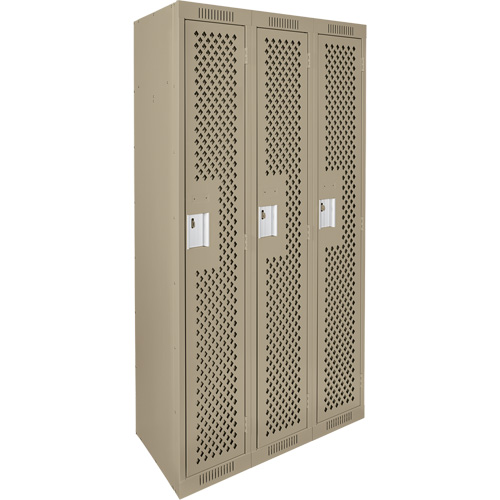 Clean Line Lockers, Bank of 3, 36" x 12" x 72", Steel, Beige, Rivet (Assembled), Perforated Cam Industrial
