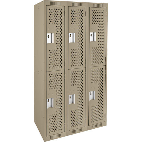 Clean Line Lockers, 2 -tier, Bank of 3, 36" x 12" x 72", Steel, Beige, Rivet (Assembled), Perforated Cam Industrial