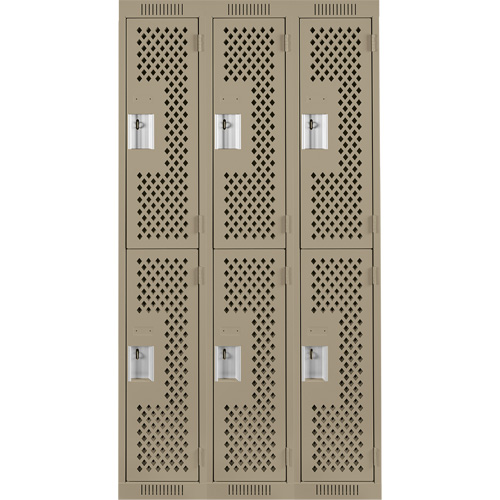 Clean Line Lockers, 2 -tier, Bank of 3, 36" x 12" x 72", Steel, Beige, Rivet (Assembled), Perforated Cam Industrial