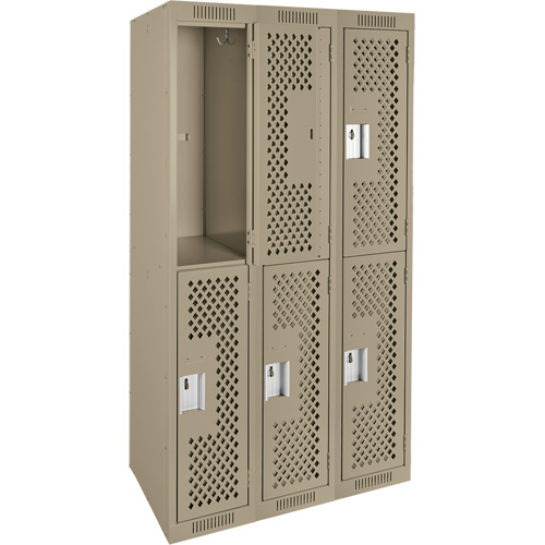Clean Line Lockers, 2 -tier, Bank of 3, 36" x 12" x 72", Steel, Beige, Rivet (Assembled), Perforated Cam Industrial