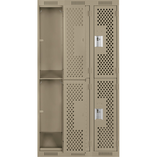 Clean Line Lockers, 2 -tier, Bank of 3, 36" x 12" x 72", Steel, Beige, Rivet (Assembled), Perforated Cam Industrial