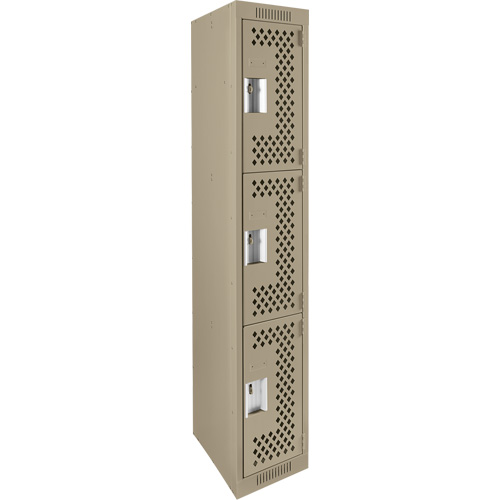 Clean Line Lockers, 3 -tier, 12" x 12" x 72", Steel, Beige, Rivet (Assembled), Perforated Cam Industrial