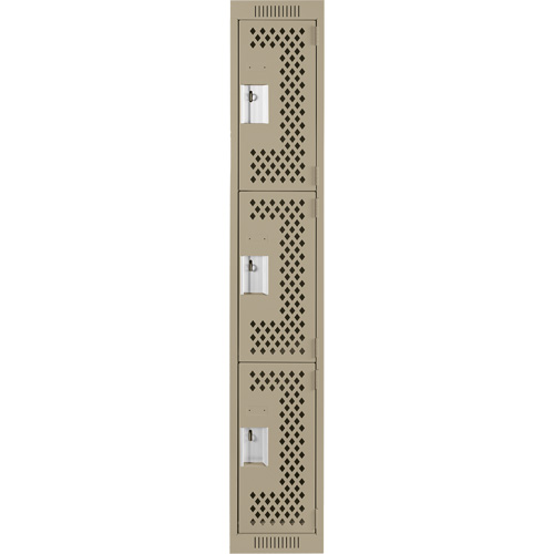 Clean Line Lockers, 3 -tier, 12" x 12" x 72", Steel, Beige, Rivet (Assembled), Perforated Cam Industrial