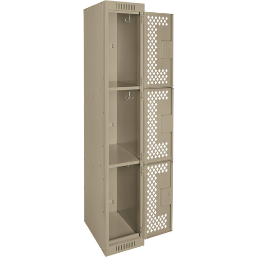 Clean Line Lockers, 3 -tier, 12" x 12" x 72", Steel, Beige, Rivet (Assembled), Perforated Cam Industrial