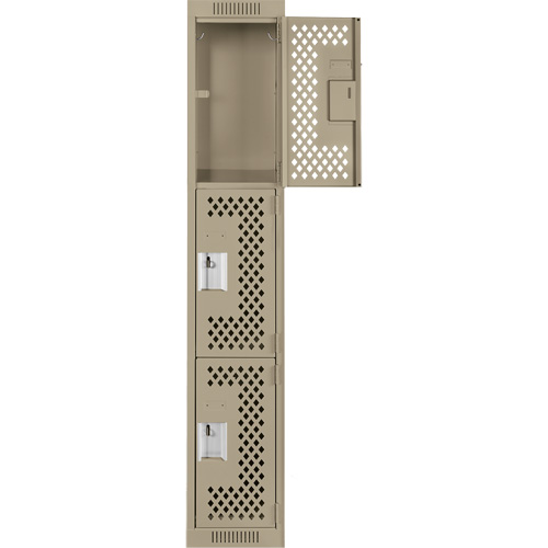 Clean Line Lockers, 3 -tier, 12" x 12" x 72", Steel, Beige, Rivet (Assembled), Perforated Cam Industrial
