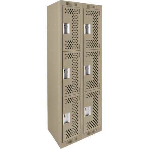 Clean Line Lockers, 3 -tier, Bank of 2, 24" x 12" x 72", Steel, Beige, Rivet (Assembled), Perforated Cam Industrial
