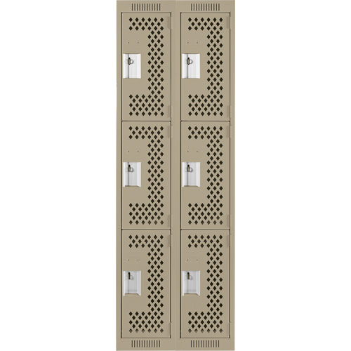 Clean Line Lockers, 3 -tier, Bank of 2, 24" x 12" x 72", Steel, Beige, Rivet (Assembled), Perforated Cam Industrial
