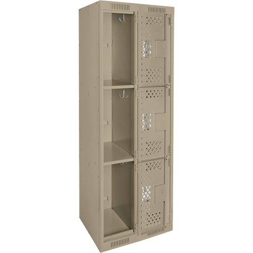 Clean Line Lockers, 3 -tier, Bank of 2, 24" x 12" x 72", Steel, Beige, Rivet (Assembled), Perforated Cam Industrial