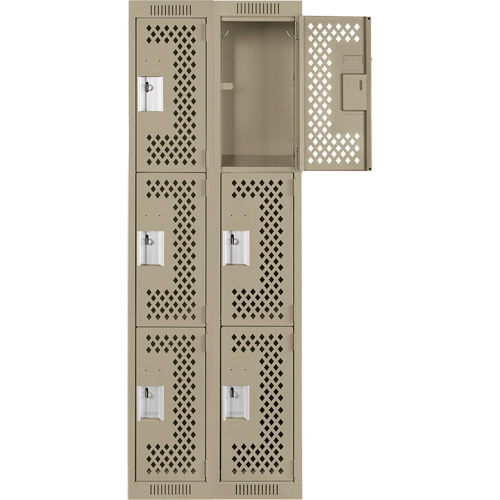 Clean Line Lockers, 3 -tier, Bank of 2, 24" x 12" x 72", Steel, Beige, Rivet (Assembled), Perforated Cam Industrial