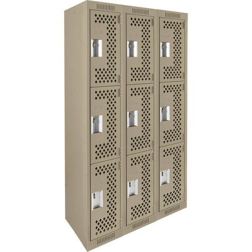 Clean Line Lockers, 3 -tier, Bank of 3, 36" x 12" x 72", Steel, Beige, Rivet (Assembled), Perforated Cam Industrial