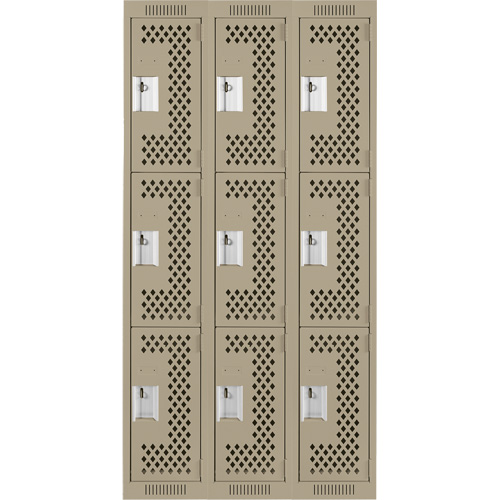 Clean Line Lockers, 3 -tier, Bank of 3, 36" x 12" x 72", Steel, Beige, Rivet (Assembled), Perforated Cam Industrial