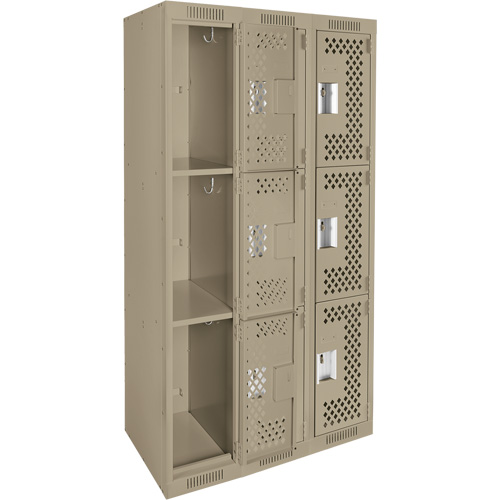 Clean Line Lockers, 3 -tier, Bank of 3, 36" x 12" x 72", Steel, Beige, Rivet (Assembled), Perforated Cam Industrial
