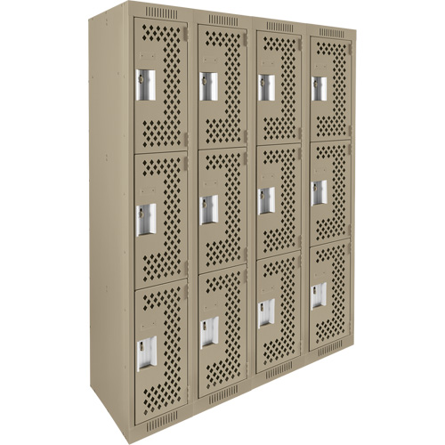 Clean Line Lockers, 3 -tier, Bank of 4, 48" x 12" x 72", Steel, Beige, Rivet (Assembled), Perforated Cam Industrial