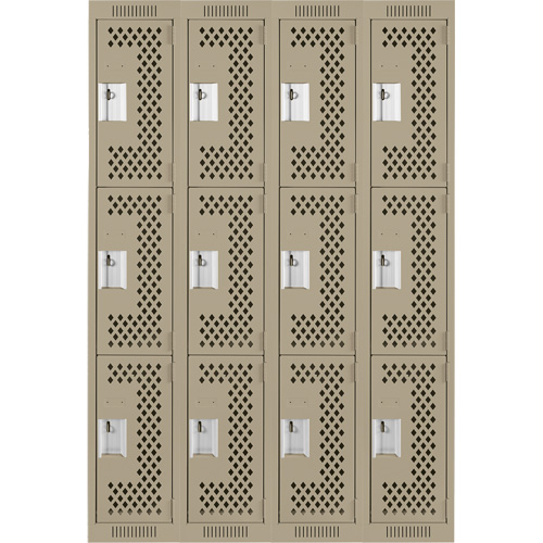 Clean Line Lockers, 3 -tier, Bank of 4, 48" x 12" x 72", Steel, Beige, Rivet (Assembled), Perforated Cam Industrial