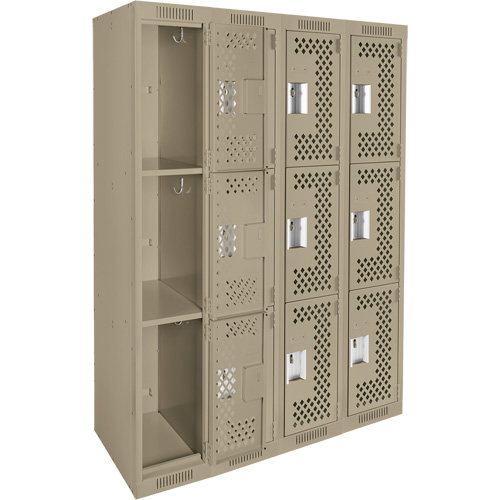 Clean Line Lockers, 3 -tier, Bank of 4, 48" x 12" x 72", Steel, Beige, Rivet (Assembled), Perforated Cam Industrial