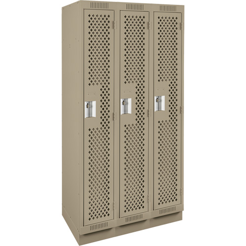 Clean Line Lockers, Bank of 3, 36" x 15" x 76", Steel, Beige, Rivet (Assembled), Perforated Cam Industrial