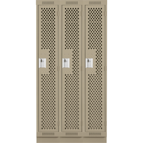 Clean Line Lockers, Bank of 3, 36" x 15" x 76", Steel, Beige, Rivet (Assembled), Perforated Cam Industrial