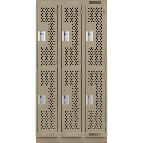 Clean Line Lockers, 2 -tier, Bank of 3, 36" x 12" x 76", Steel, Beige, Rivet (Assembled), Perforated Cam Industrial