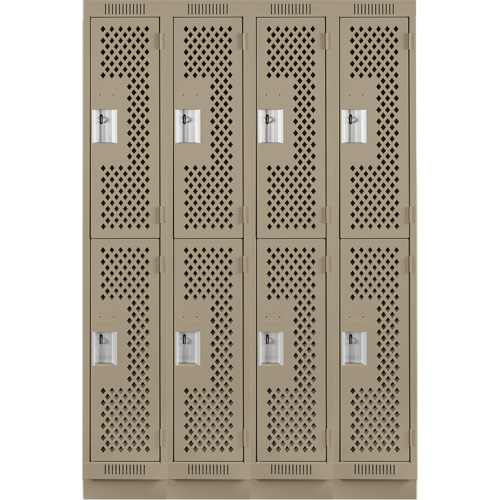 Clean Line Lockers, 2 -tier, Bank of 4, 48" x 12" x 76", Steel, Beige, Rivet (Assembled), Perforated Cam Industrial