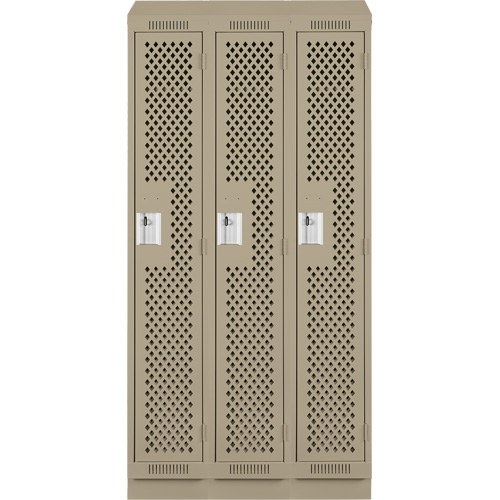 Clean Line Lockers, Bank of 3, 36" x 18" x 82", Steel, Beige, Rivet (Assembled), Perforated Cam Industrial