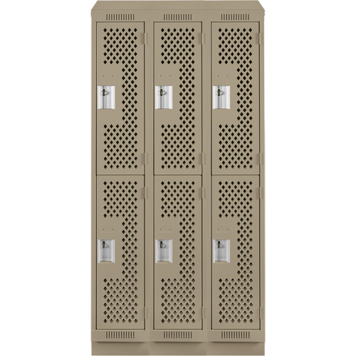 Clean Line Lockers, 2 -tier, Bank of 3, 36" x 18" x 82", Steel, Beige, Rivet (Assembled), Perforated Cam Industrial