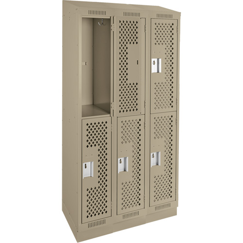 Clean Line Lockers, 2 -tier, Bank of 3, 36" x 18" x 82", Steel, Beige, Rivet (Assembled), Perforated Cam Industrial
