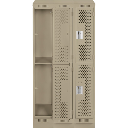 Clean Line Lockers, 2 -tier, Bank of 3, 36" x 18" x 82", Steel, Beige, Rivet (Assembled), Perforated Cam Industrial