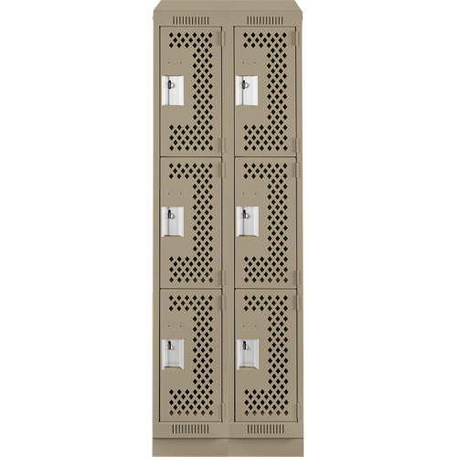 Clean Line Lockers, 3 -tier, Bank of 2, 24" x 18" x 82", Steel, Beige, Rivet (Assembled), Perforated Cam Industrial