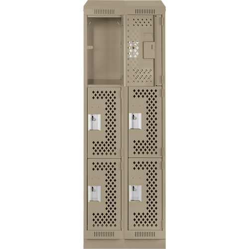 Clean Line Lockers, 3 -tier, Bank of 2, 24" x 18" x 82", Steel, Beige, Rivet (Assembled), Perforated Cam Industrial