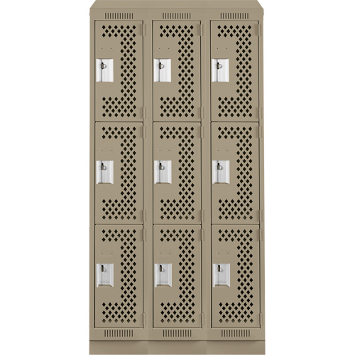 Clean Line Lockers, 3 -tier, Bank of 3, 36" x 18" x 82", Steel, Beige, Rivet (Assembled), Perforated Cam Industrial