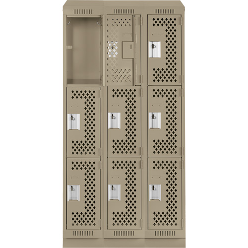 Clean Line Lockers, 3 -tier, Bank of 3, 36" x 18" x 82", Steel, Beige, Rivet (Assembled), Perforated Cam Industrial
