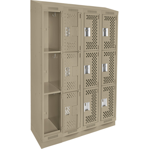 Clean Line Lockers, 3 -tier, Bank of 4, 48" x 18" x 82", Steel, Beige, Rivet (Assembled), Perforated Cam Industrial