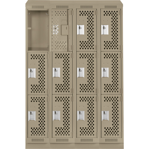 Clean Line Lockers, 3 -tier, Bank of 4, 48" x 18" x 82", Steel, Beige, Rivet (Assembled), Perforated Cam Industrial