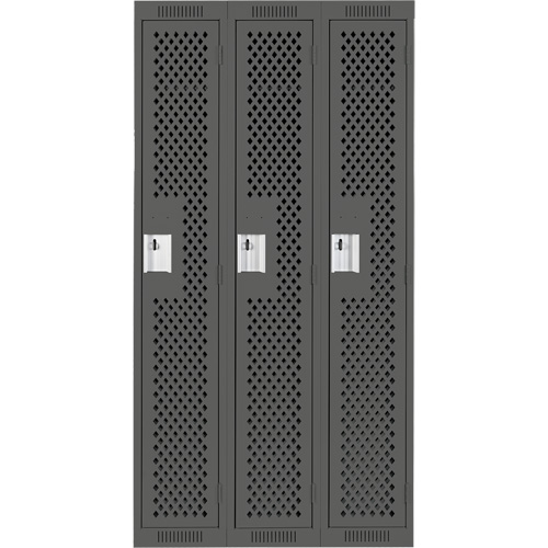 Clean Line Lockers, Bank of 3, 36" x 15" x 72", Steel, Charcoal, Rivet (Assembled), Perforated Cam Industrial