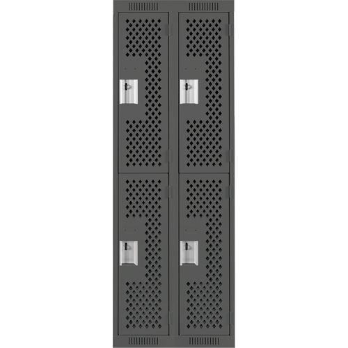 Clean Line Lockers, 2 -tier, Bank of 2, 24" x 12" x 72", Steel, Charcoal, Rivet (Assembled), Perforated Cam Industrial