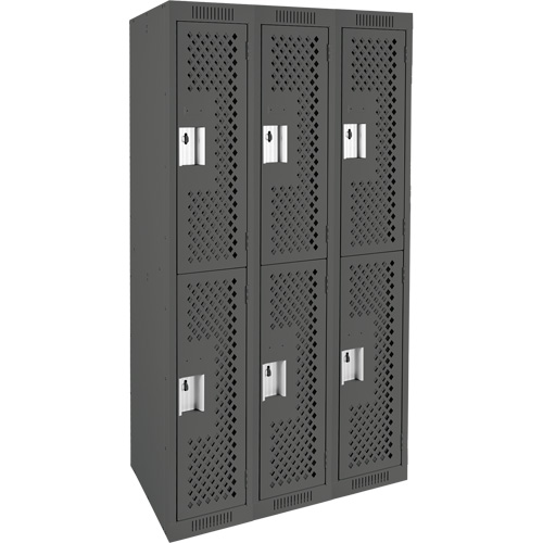 Clean Line Lockers, 2 -tier, Bank of 3, 36" x 12" x 72", Steel, Charcoal, Rivet (Assembled), Perforated Cam Industrial