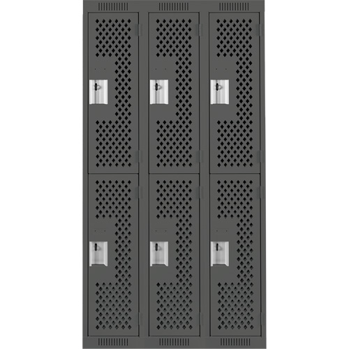Clean Line Lockers, 2 -tier, Bank of 3, 36" x 12" x 72", Steel, Charcoal, Rivet (Assembled), Perforated Cam Industrial