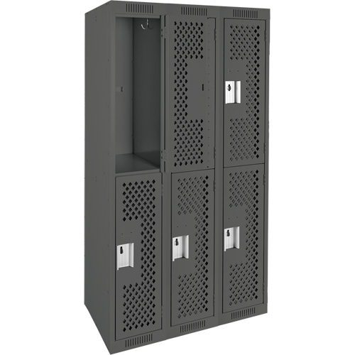 Clean Line Lockers, 2 -tier, Bank of 3, 36" x 12" x 72", Steel, Charcoal, Rivet (Assembled), Perforated Cam Industrial