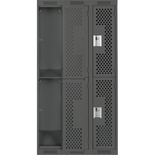 Clean Line Lockers, 2 -tier, Bank of 3, 36" x 12" x 72", Steel, Charcoal, Rivet (Assembled), Perforated Cam Industrial