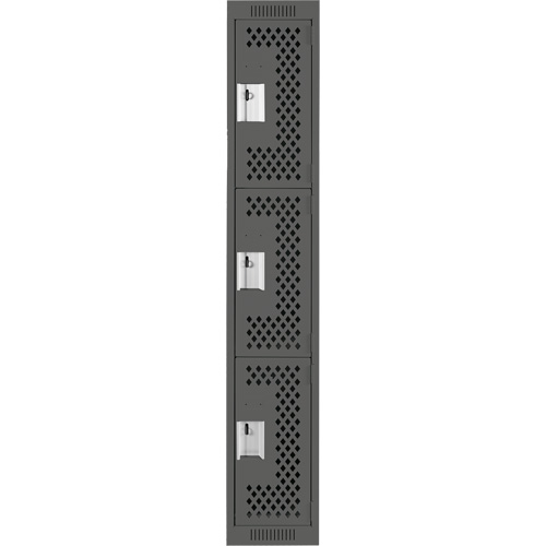 Clean Line Lockers, 3 -tier, 12" x 12" x 72", Steel, Charcoal, Rivet (Assembled), Perforated Cam Industrial