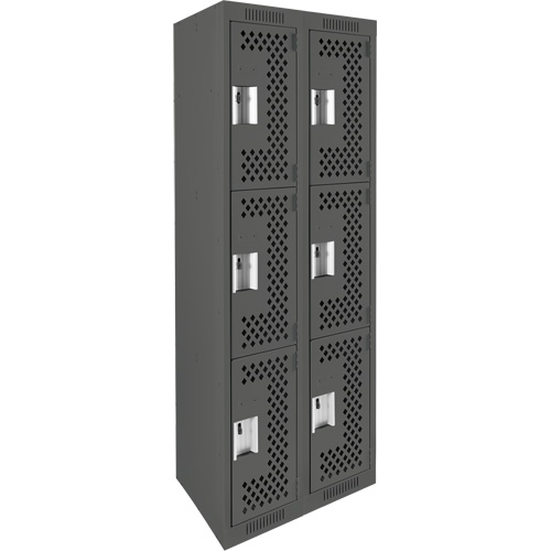 Clean Line Lockers, 3 -tier, Bank of 2, 24" x 12" x 72", Steel, Charcoal, Rivet (Assembled), Perforated Cam Industrial