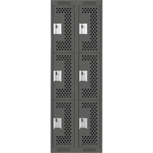 Clean Line Lockers, 3 -tier, Bank of 2, 24" x 12" x 72", Steel, Charcoal, Rivet (Assembled), Perforated Cam Industrial