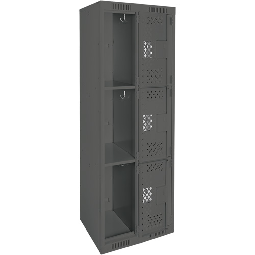 Clean Line Lockers, 3 -tier, Bank of 2, 24" x 12" x 72", Steel, Charcoal, Rivet (Assembled), Perforated Cam Industrial