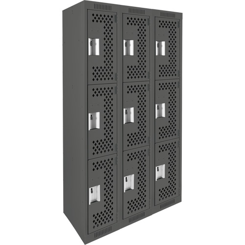 Clean Line Lockers, 3 -tier, Bank of 3, 36" x 12" x 72", Steel, Charcoal, Rivet (Assembled), Perforated Cam Industrial