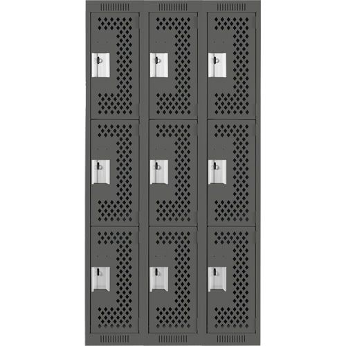 Clean Line Lockers, 3 -tier, Bank of 3, 36" x 12" x 72", Steel, Charcoal, Rivet (Assembled), Perforated Cam Industrial