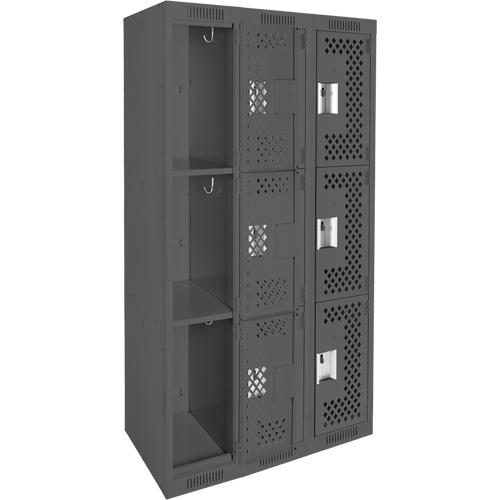 Clean Line Lockers, 3 -tier, Bank of 3, 36" x 12" x 72", Steel, Charcoal, Rivet (Assembled), Perforated Cam Industrial